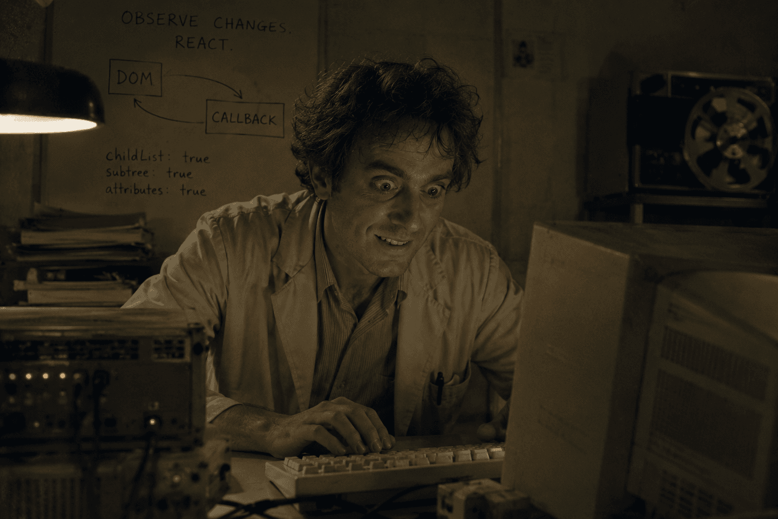 Frantic developer monitoring DOM changes on a vintage computer in a cinematic 90s-style lab.