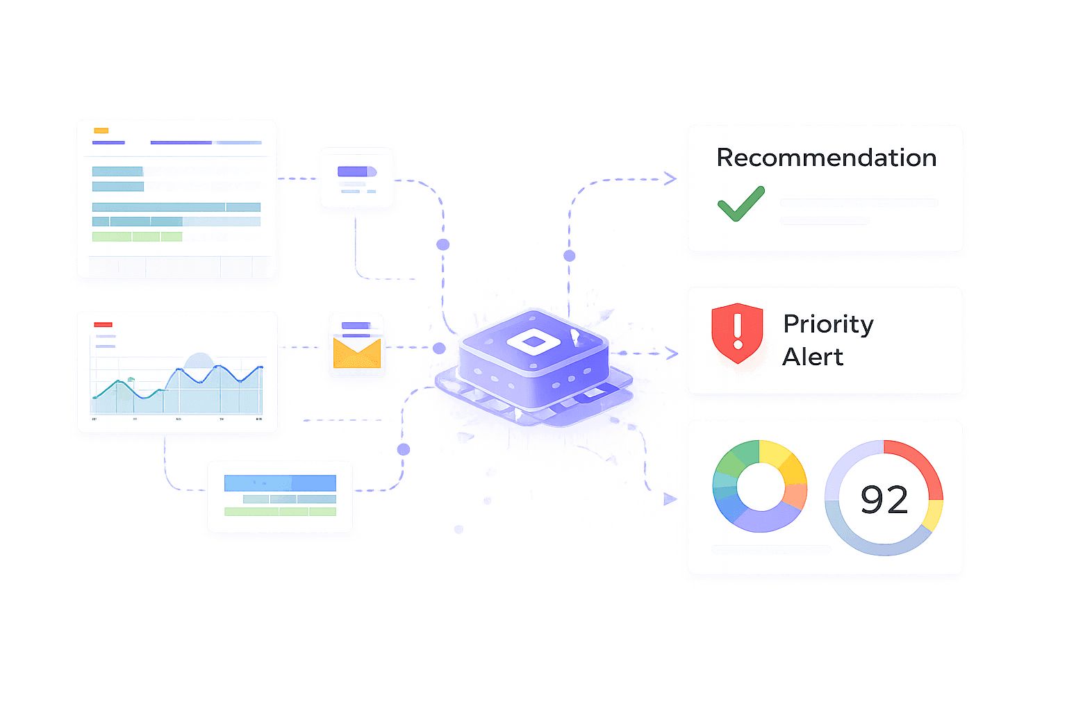 This image illustrates a flowchart with interconnected boxes, depicting an automated workflow process including elements like email forms, loading indicators, success messages, error alerts, and integration with various apps and services, highlighting efficiency in digital communication.