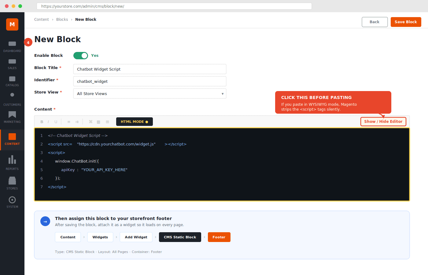 Use CMS blocks for non-developer magento ai chatbot installation 
