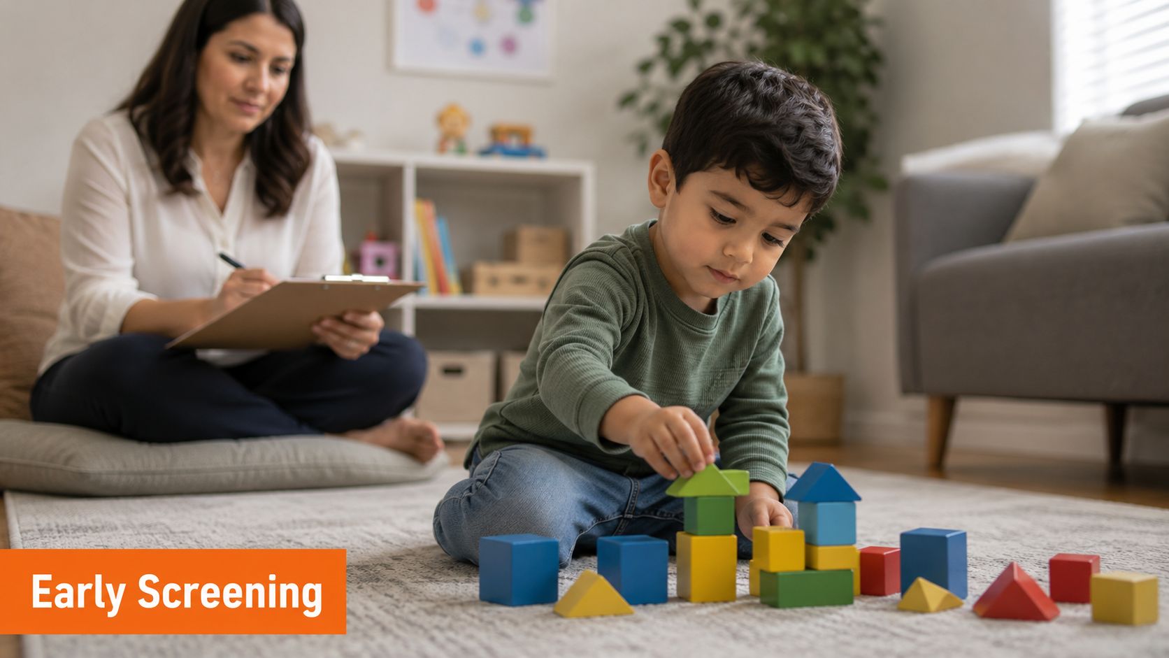 A child playing with colorful blocks while a therapist observes and takes notes in a room.