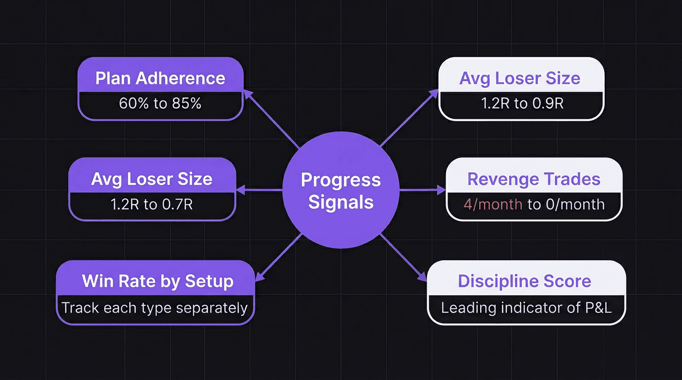 Diagram showing five process metrics that reveal trading improvement before P&L does