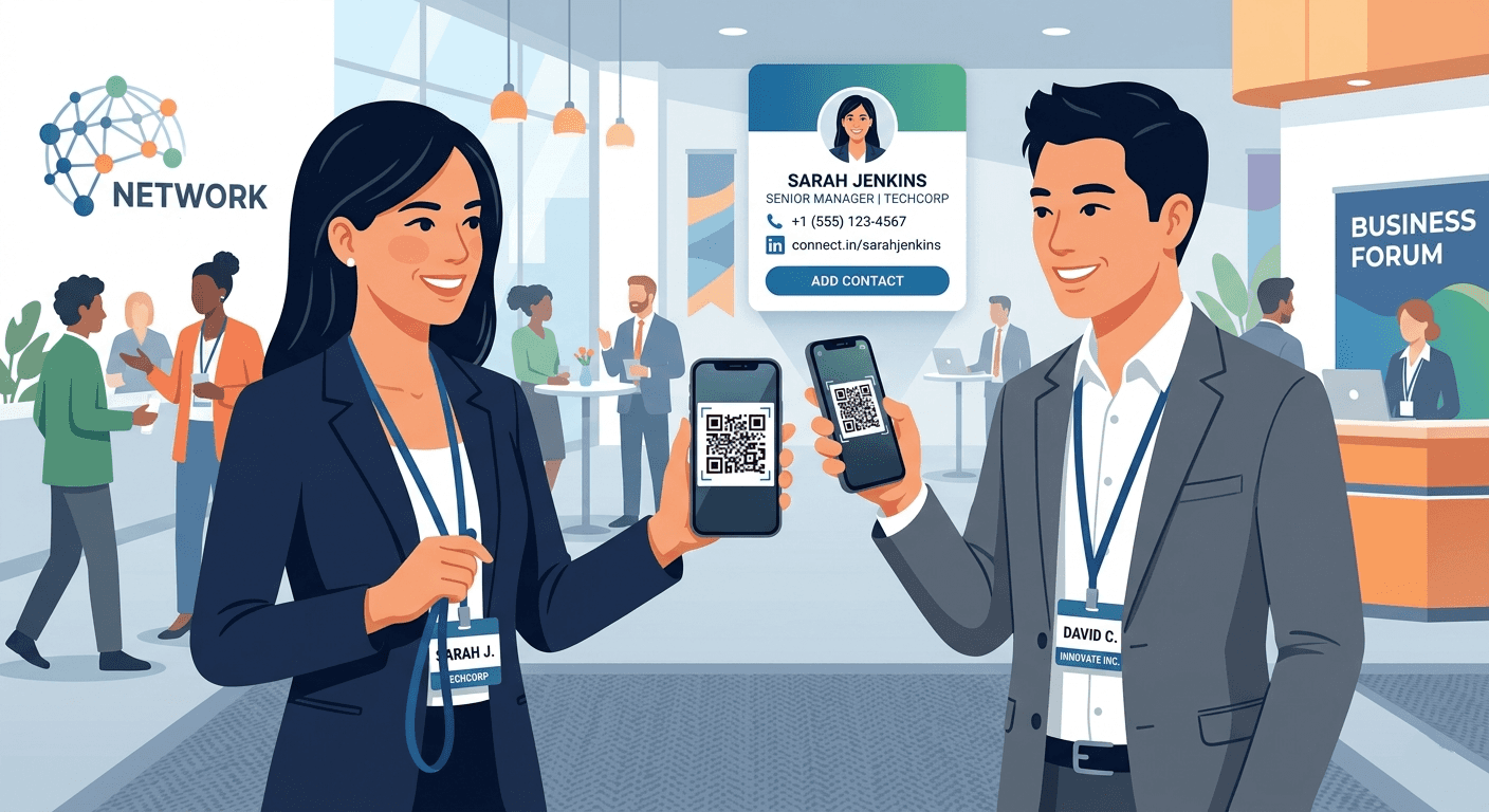 Professional sharing a digital business card using a QR code on a smartphone during a networking event.