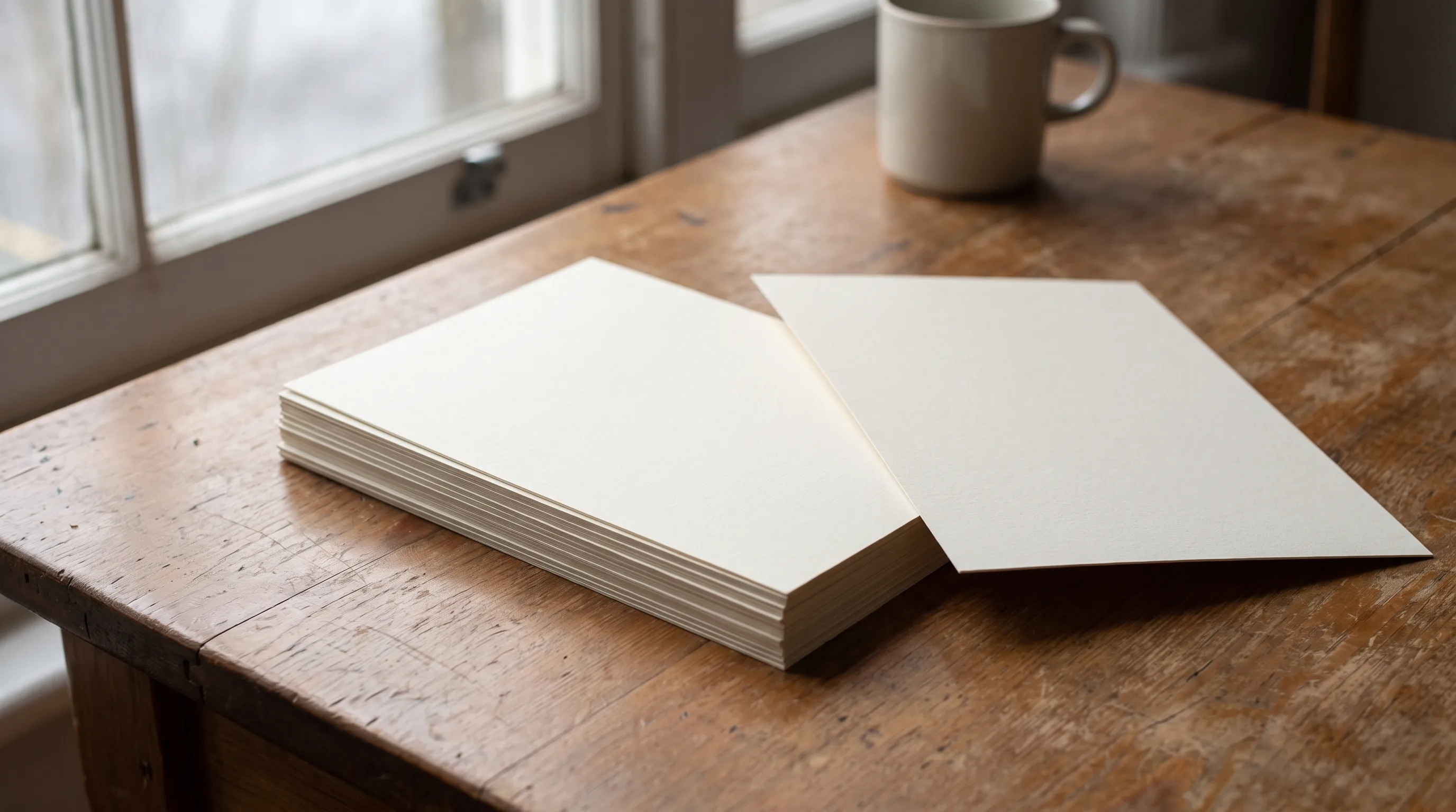 A stack of plain cream sheets with one lifted and set apart from the rest