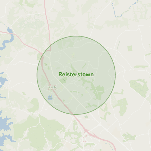 Map with circle over reisterstown maryland remodeling service area