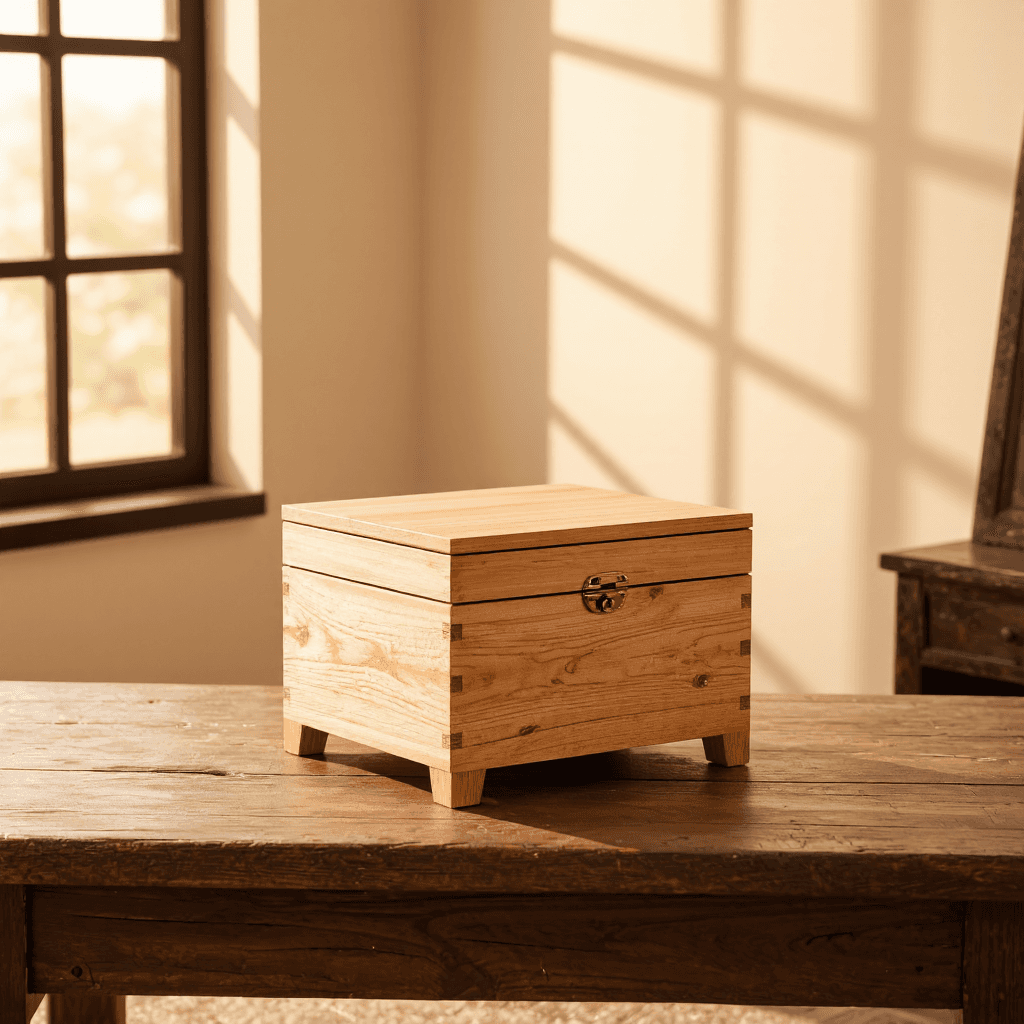 product photography of a small wooden box for storage