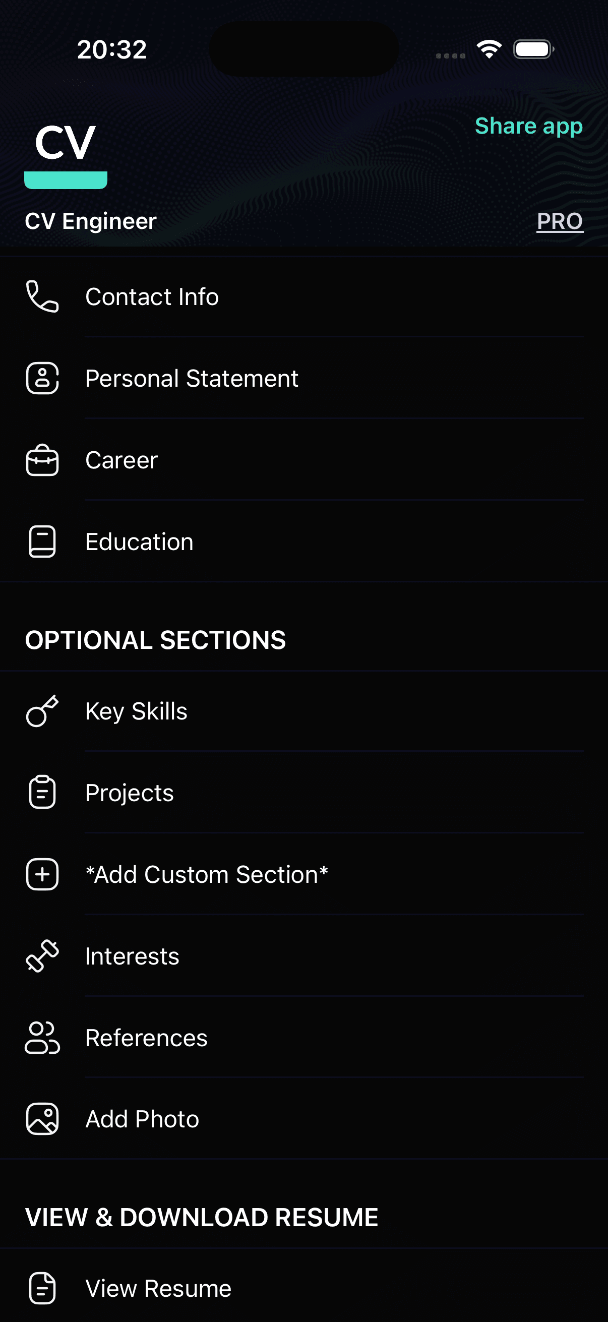 Dark mode in CV Engineer's iOS app.