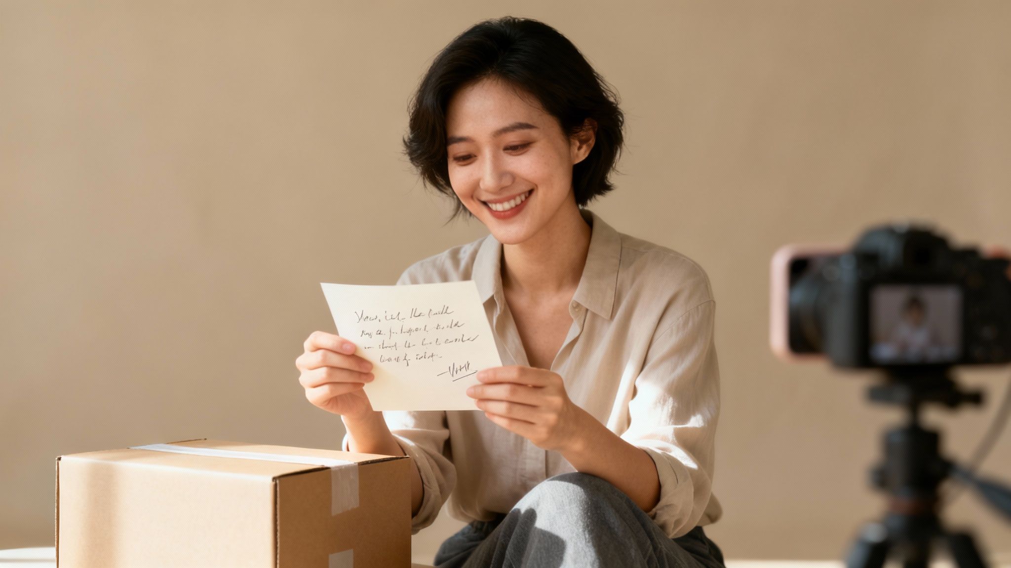 Creator happily holding up a product from a gift box