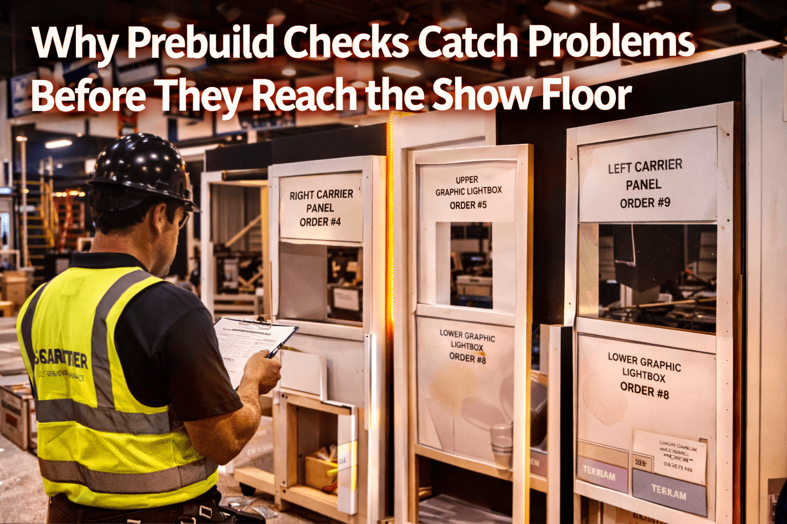 Trade show booth prebuild inspection in the shop with labeled panels, lightbox sections, and a technician checking fit and sequence before shipping