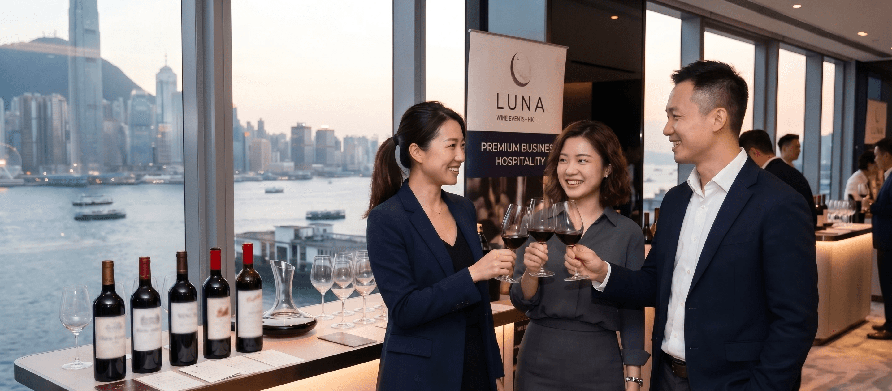 專業策劃香港企業品酒會,商務客戶於高級場地舉杯紅酒,打造品牌形象與高端商務接待 Corporate wine tasting event planning in Hong Kong for business reception and branding