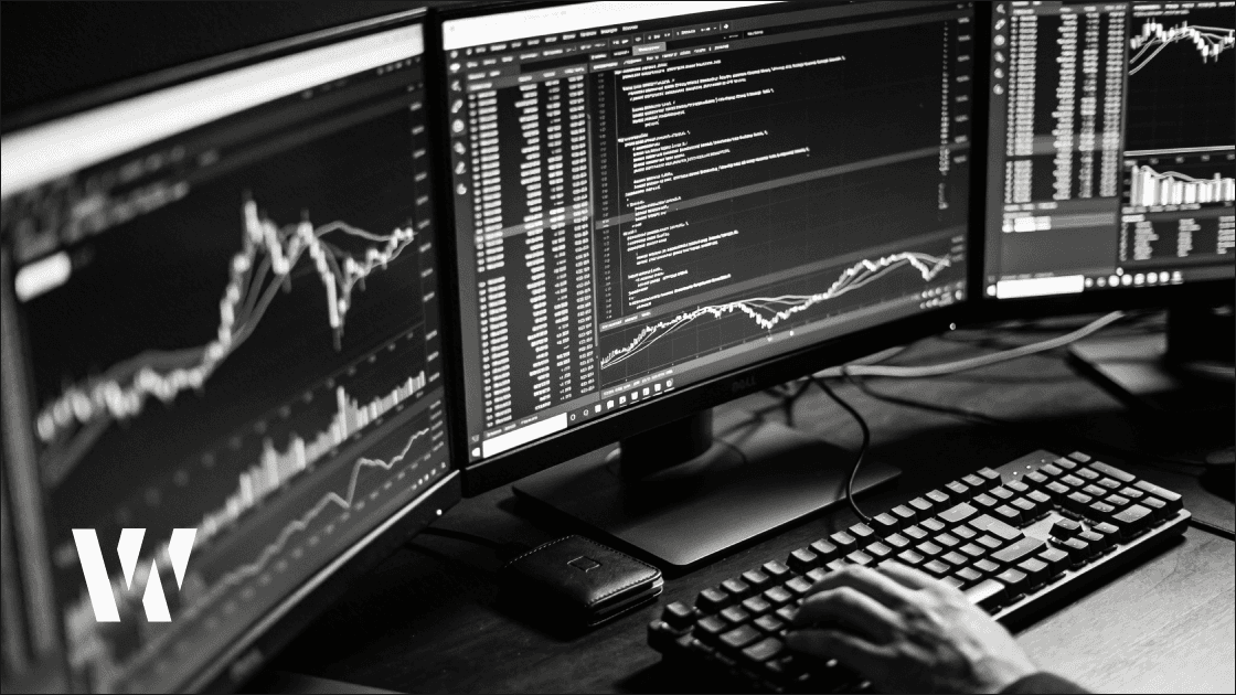 Wide shot of a modern exchange operations room with multiple monitors and trading data