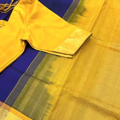 Dark Blue Mustard Yellow Silk Cotton Saree