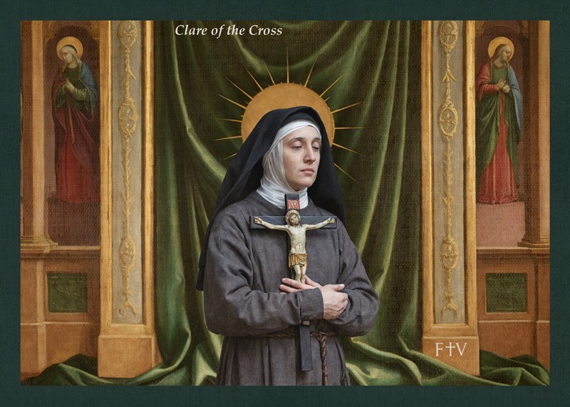 Sacred artwork by Faith and Verse. © Faith and Verse, 2025. All rights reserved. Traditional Catholic art postcard featuring Saint Clare of Montefalco in devotional portrait style.