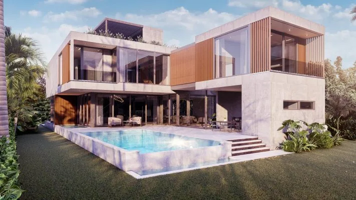 Rear exterior view with private pool and double-story glazing, Meridian Avenue Miami Beach