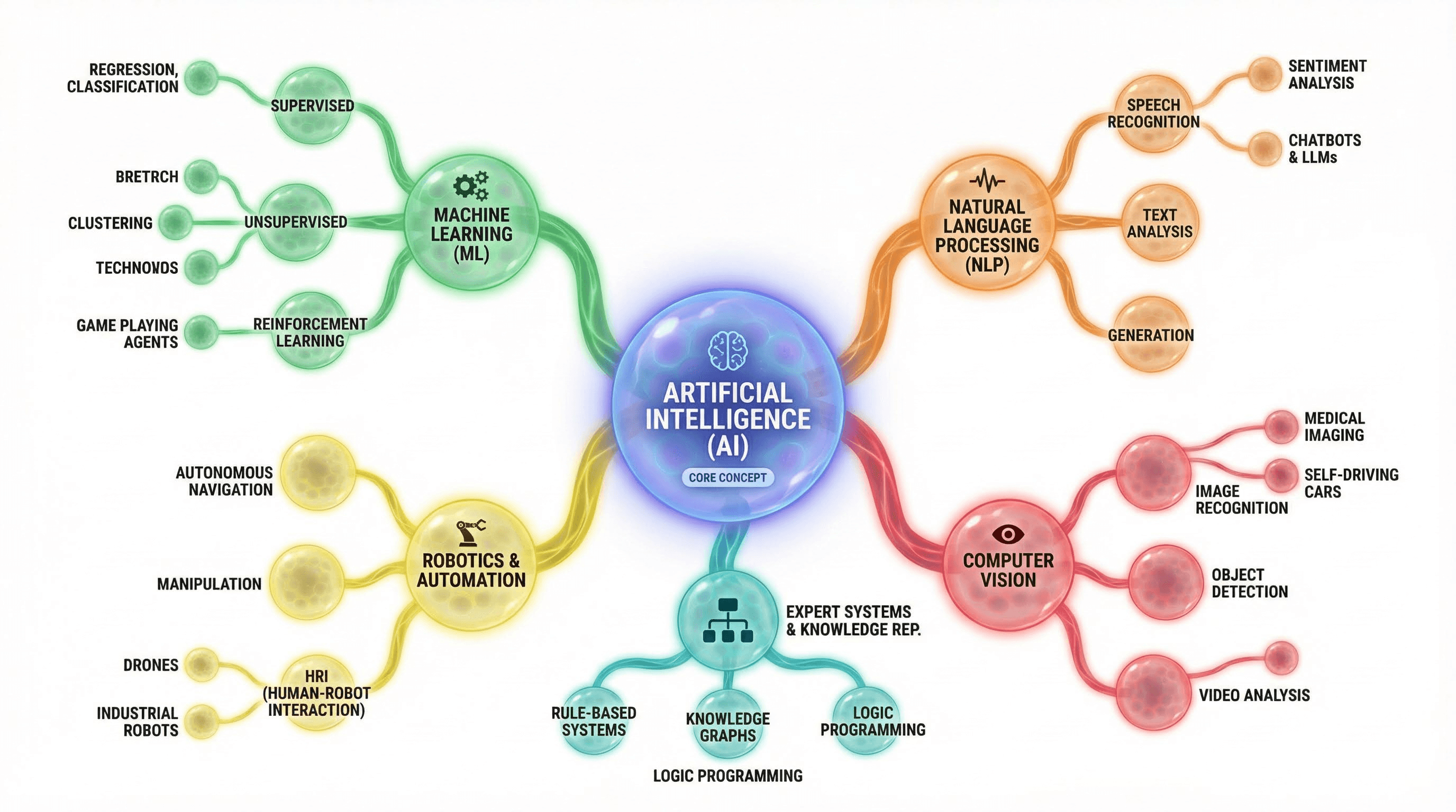 Complex mind map infographic with organic branches and colorful node bubbles extending from a central concept.