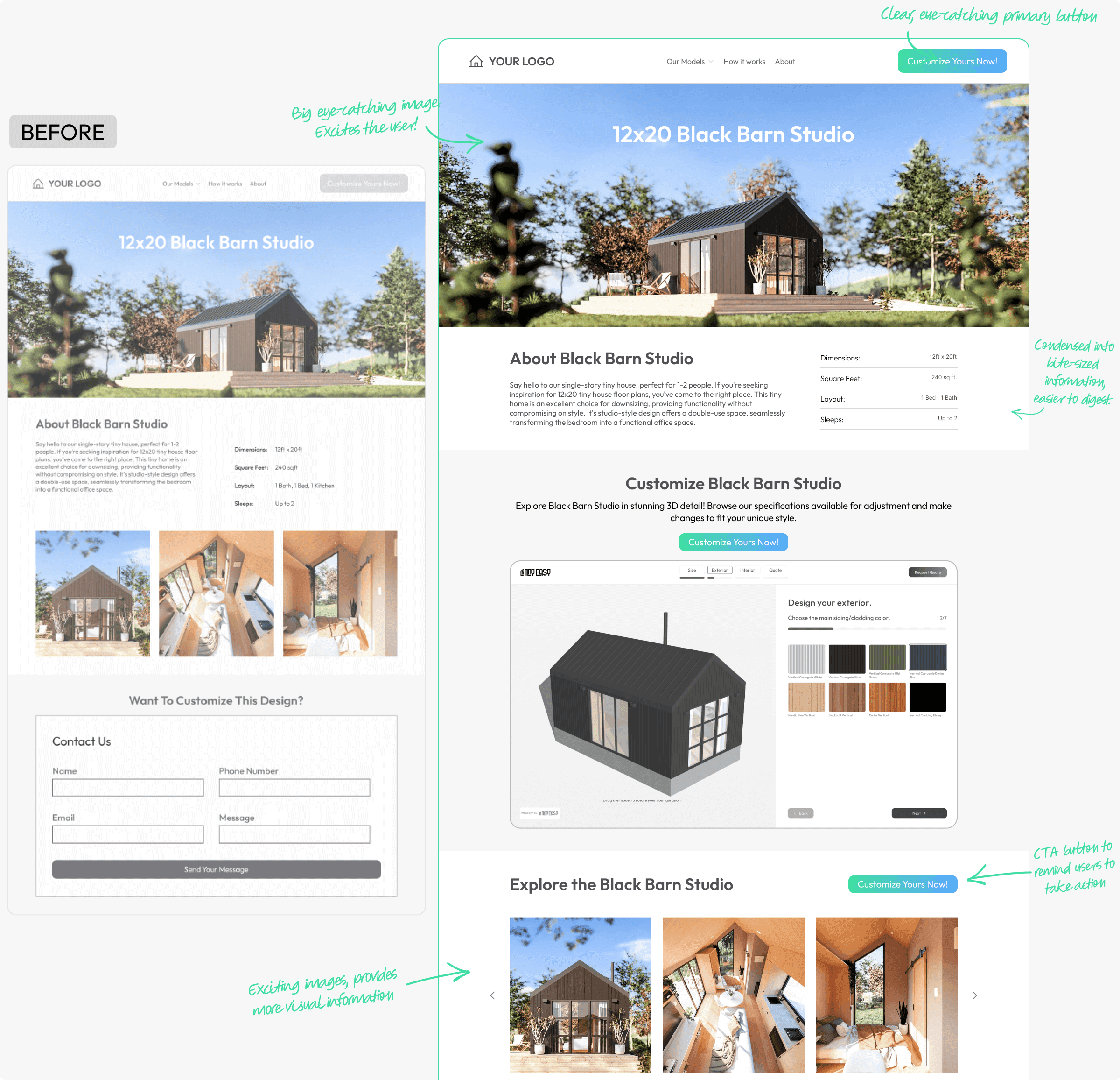 A before and after comparison shot of a website without the configurator and then with the 3D sales configurator as an example to show how it's eye-catching and good for businesses.