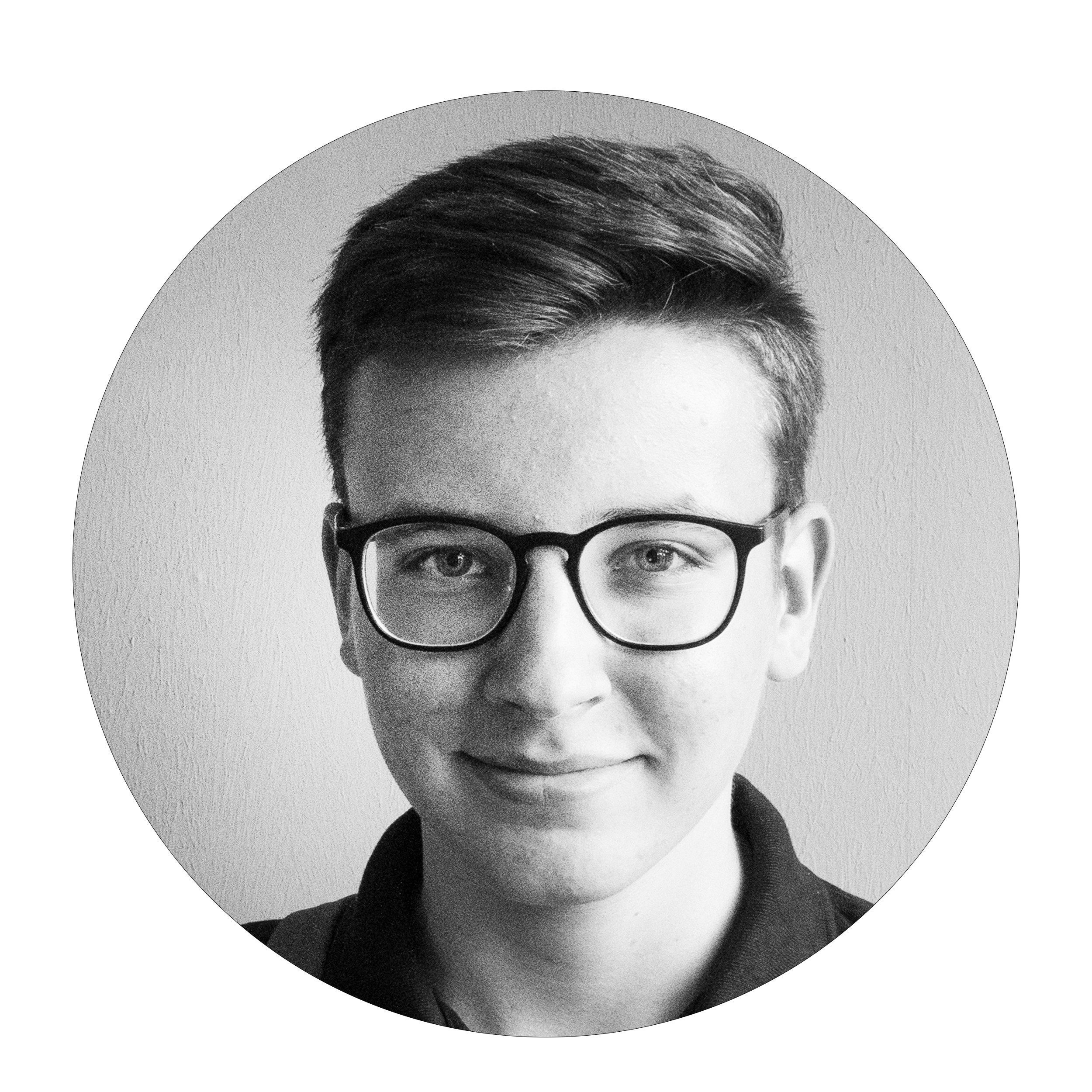 Young man with glasses in portrait, black-and-white photo, circular