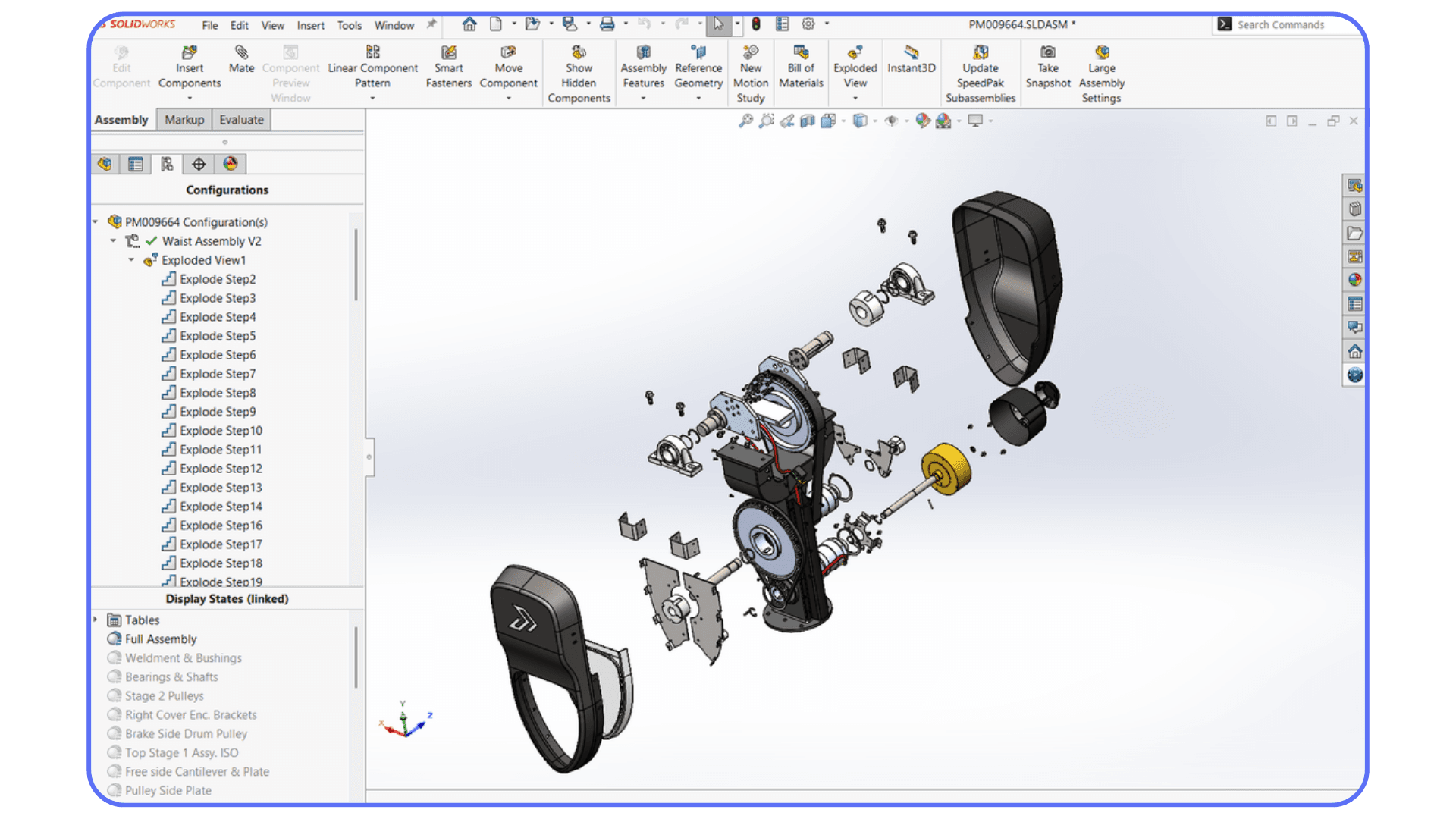 Exploded view of a complex mechanical assembly displayed in the SolidWorks workspace.