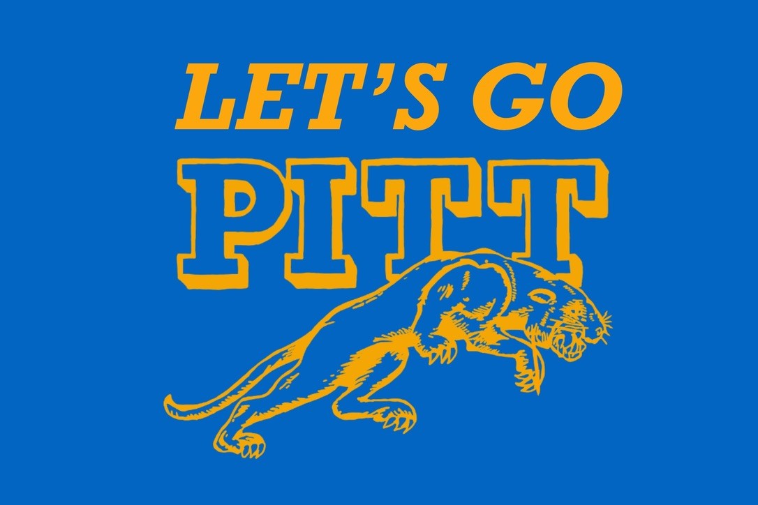"Let's Go Pitt" gold and blue hand-lettered sports graphic