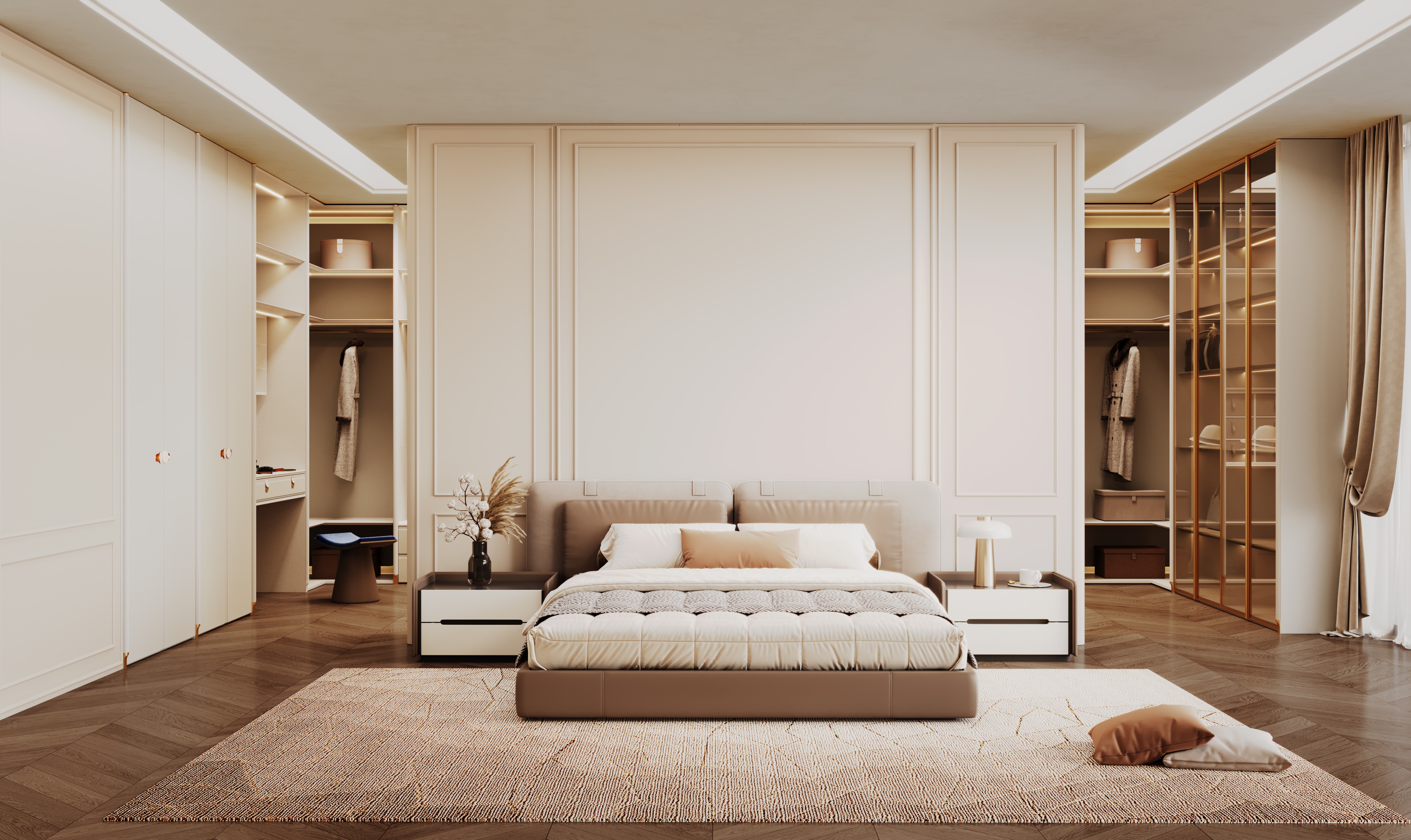 A bedroom with soft lighting, almsot golden aura