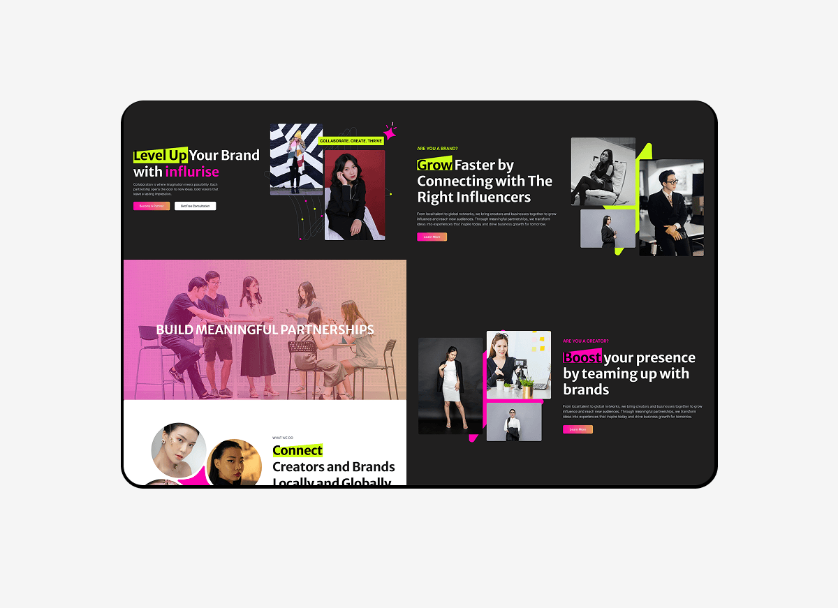 Full digital brand experience and UX design for influencer and brand partnerships.