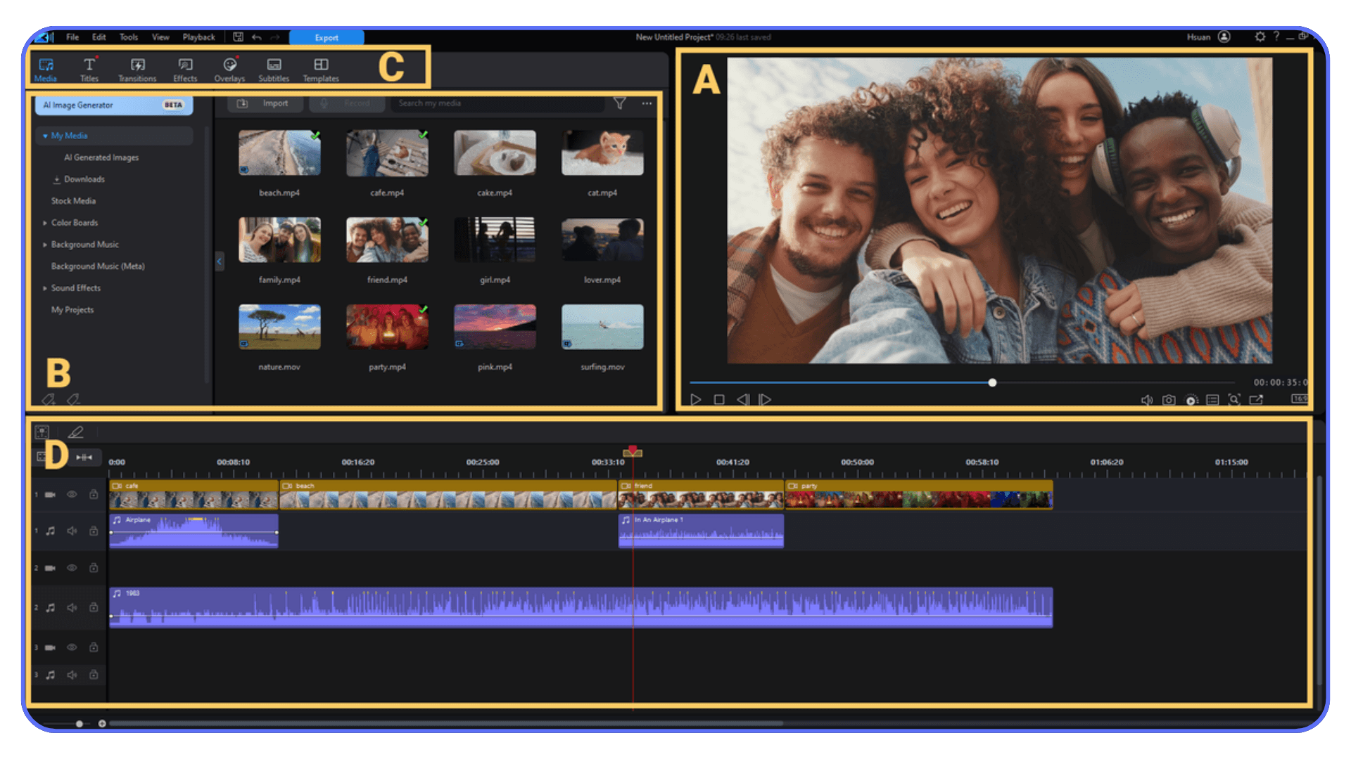 CyberLink PowerDirector video editor with timeline, media library, and motion graphics templates