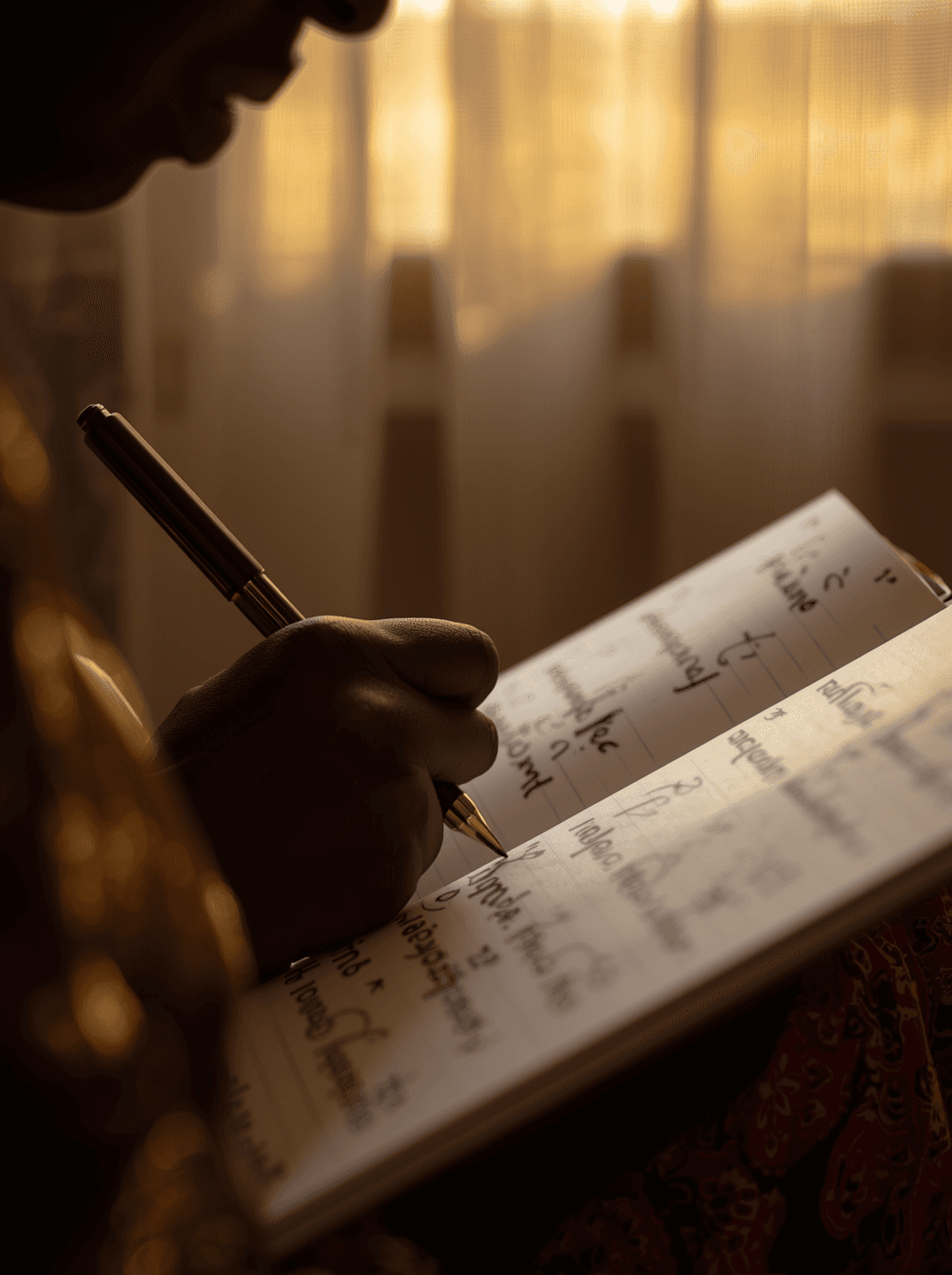 Baking at sunset. Hands press dough on floured board, dust rising. Golden light streams through window.