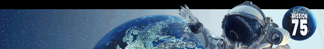Geanimeerde e-mailbanner Mission75 met de aarde en een astronaut