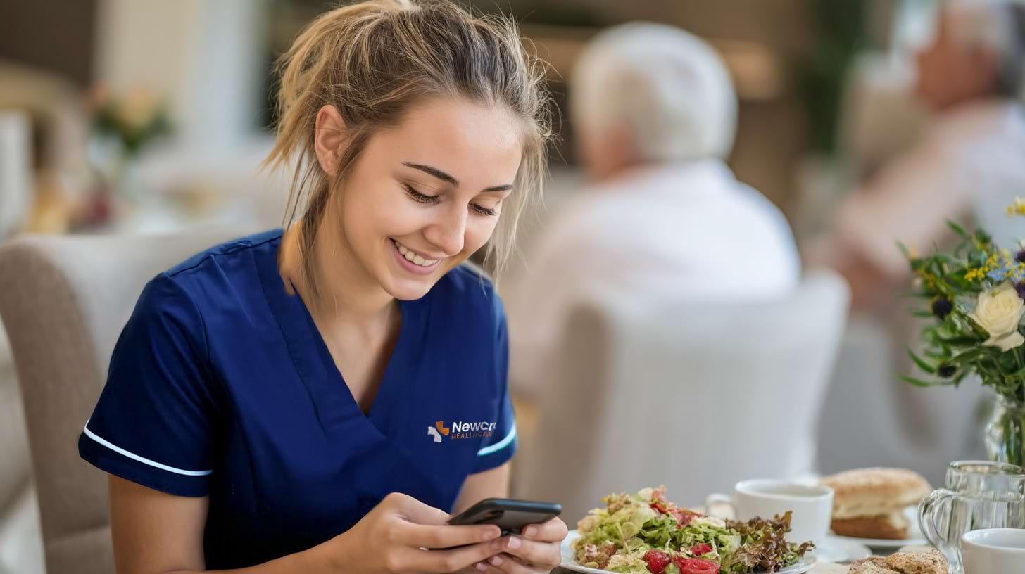 Healthcare worker on their phone at lunch