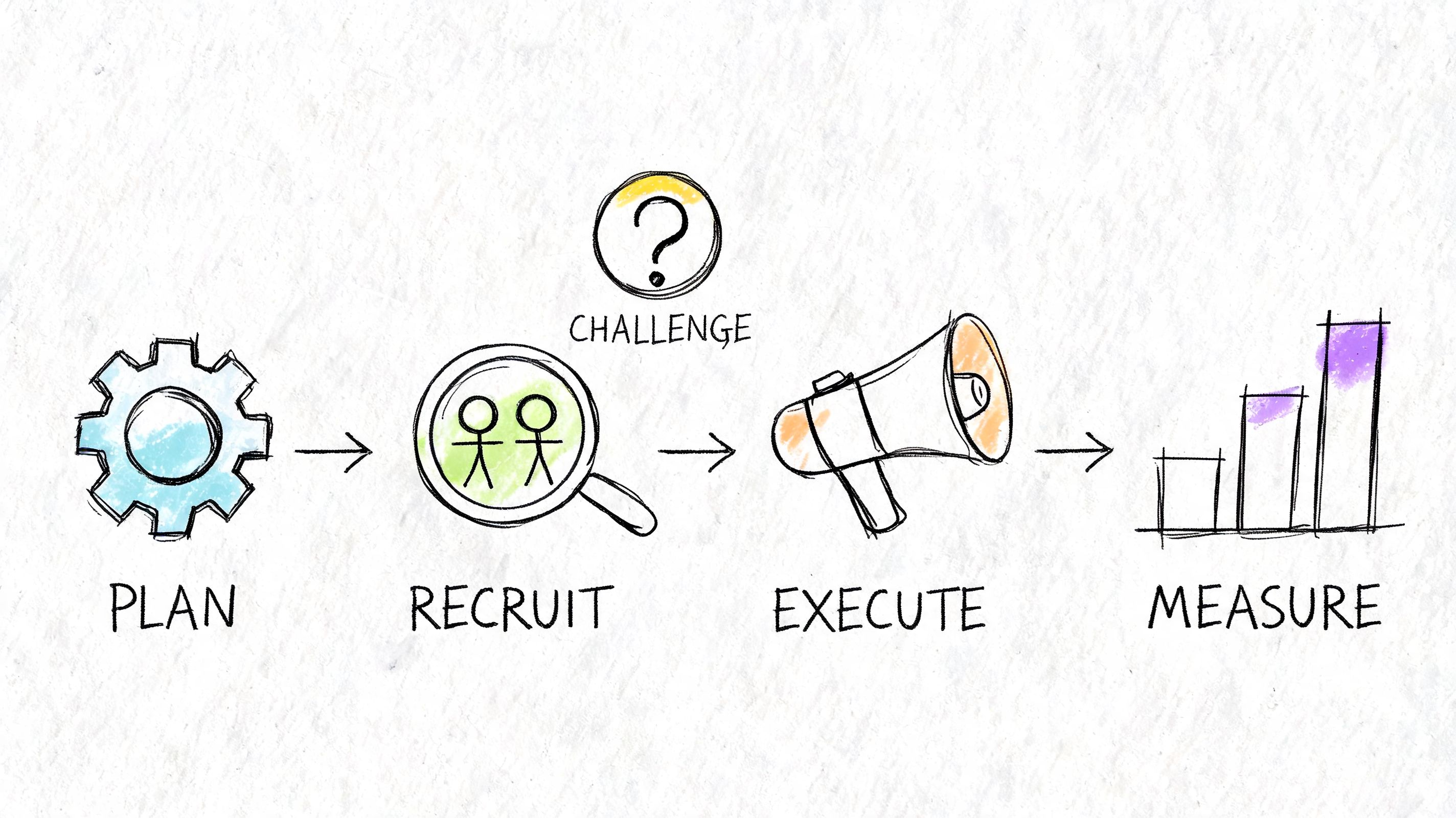 A hand-drawn business process diagram showing four steps: Plan, Recruit, Execute, and Measure with icons.