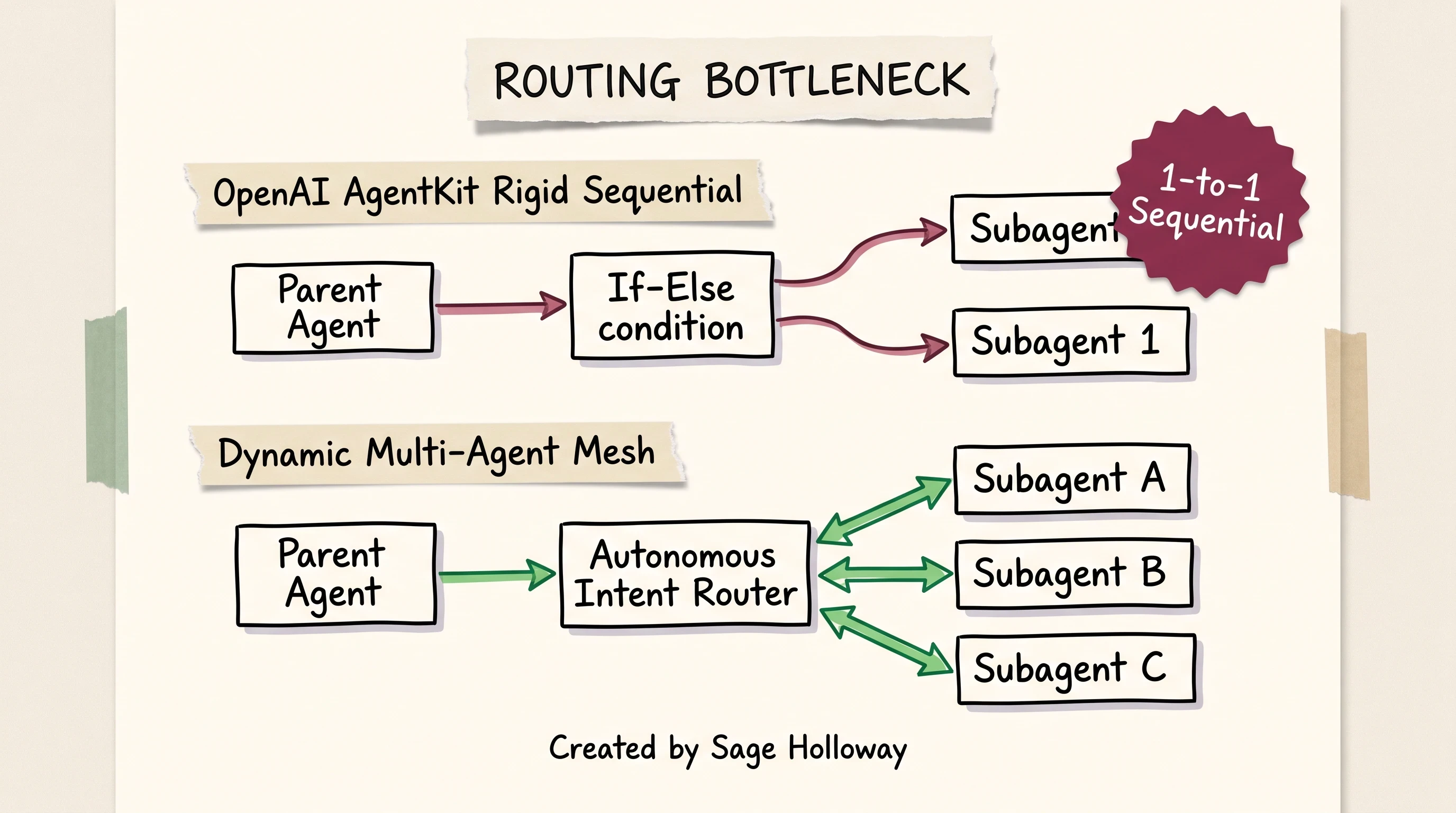 Scrapbook diagram of OpenAI AgentKit sequential routing bottleneck versus dynamic multi-agent branching
