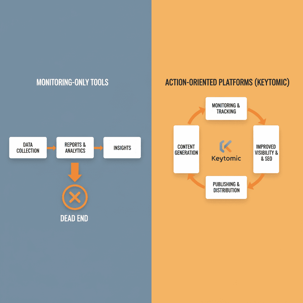 Comparison diagram illustrating the gap between monitoring data and automated optimization workflows