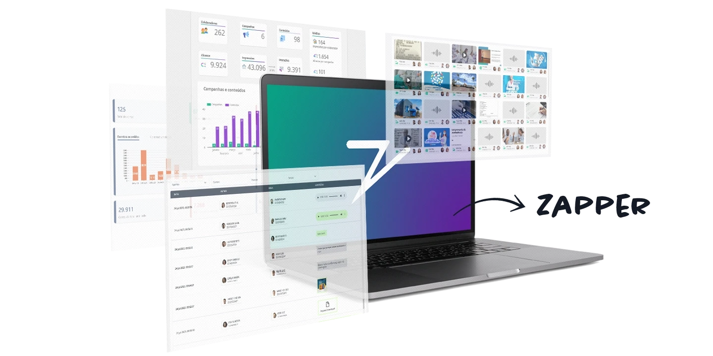 Notebook com a logo e o degradê de cores de Zapper na tela, enquanto diversas abas com as soluções de Zapper: monitoramento, armazenamento e inteligência, saem dele