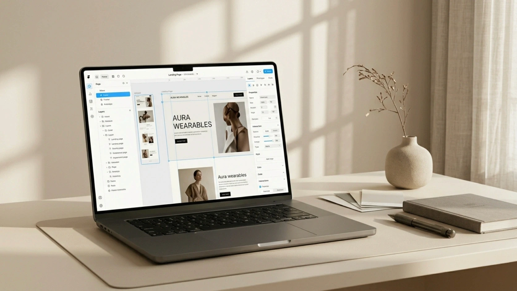 A sleek laptop on a minimalist desk displaying the Framer development interface with a high-end website design canvas.