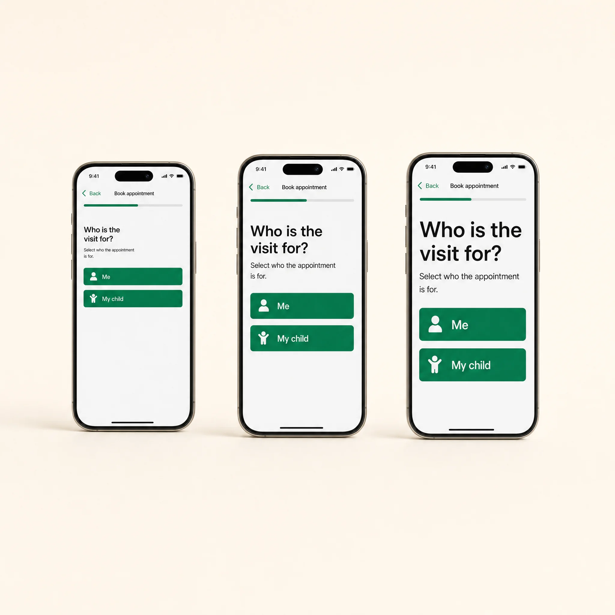 The same booking screen at three accessibility text sizes