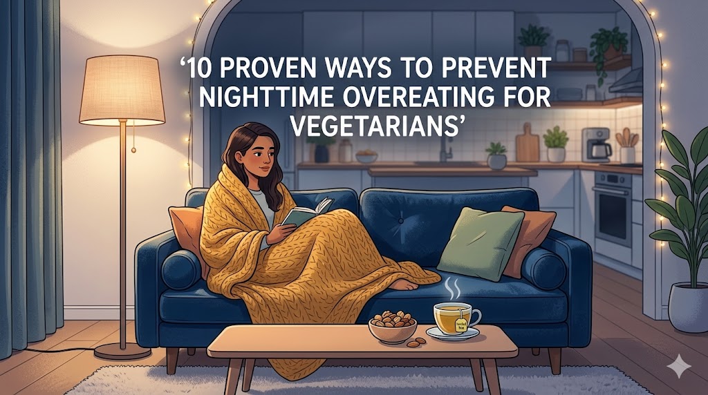 A cozy cartoon illustration of a person in a blanket reading on a couch, eating a bowl of nuts and tea. The text overlay reads, '10 Proven Ways to Prevent Nighttime Overeating for Vegetarians'.