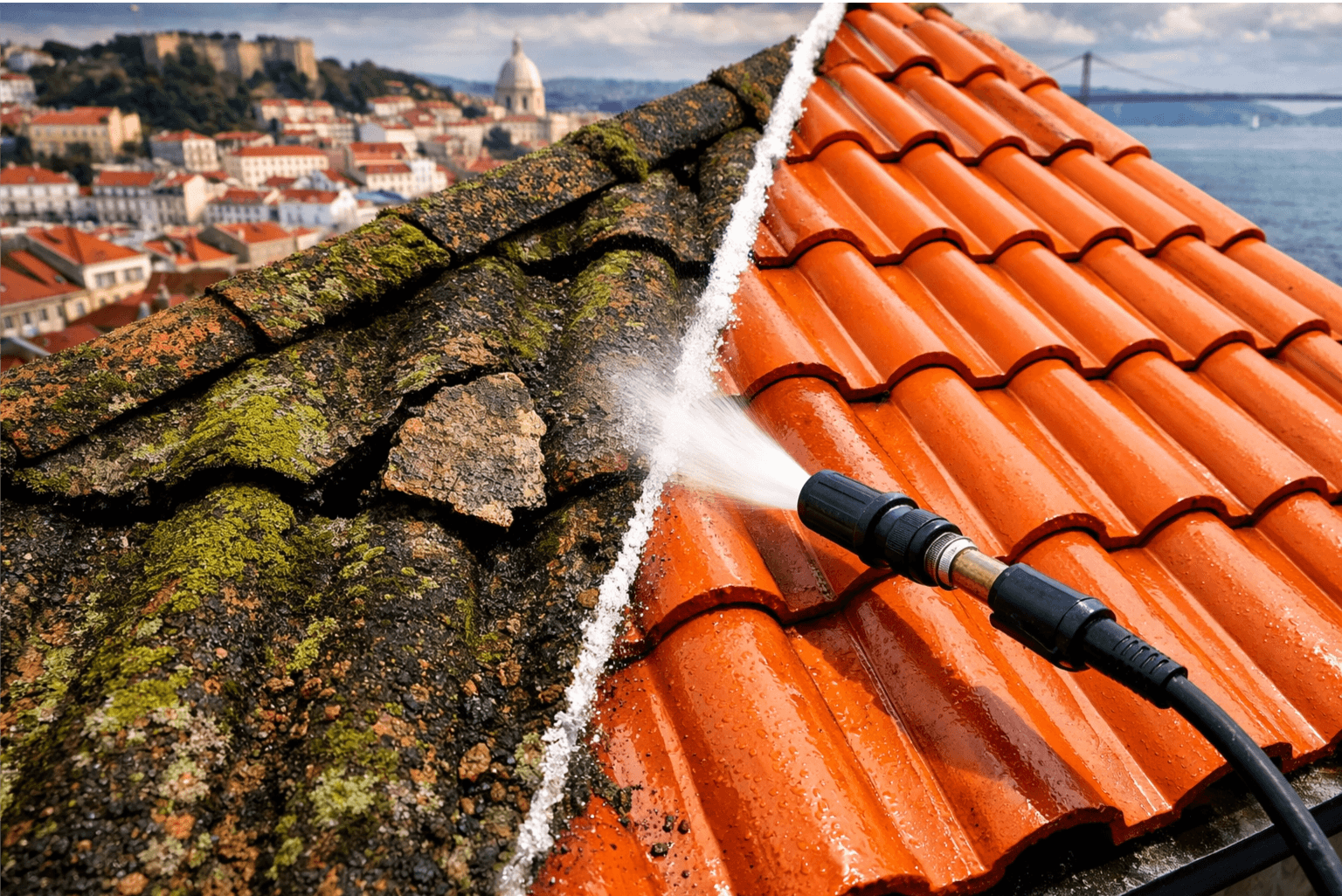 Telhado de edifício coberto de musgo e telhas degradadas a precisar de limpeza