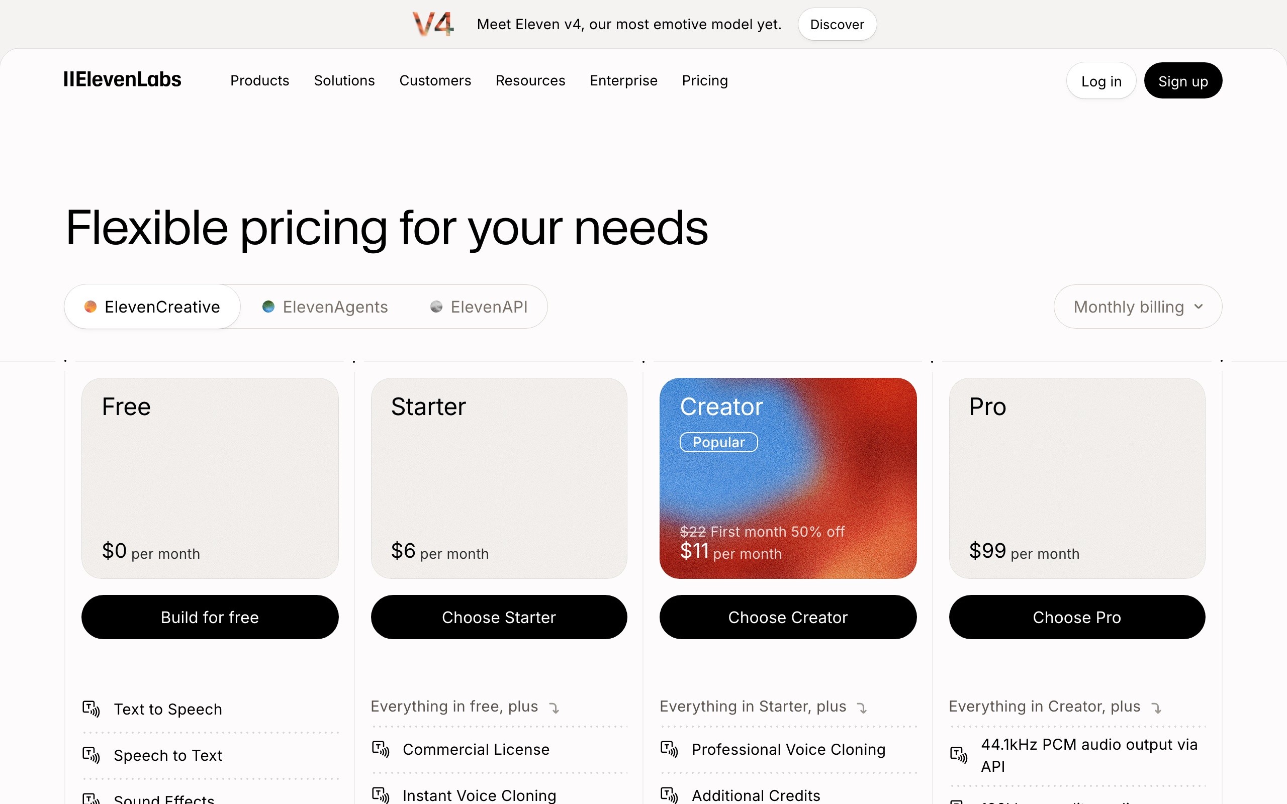 ElevenLabs’ pricing page with the Free, Starter, Creator and Pro plans