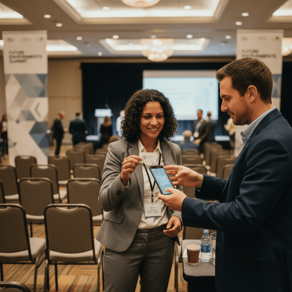 Environmental engineers exchanging contact details during a technical conference session at GWMS 2026