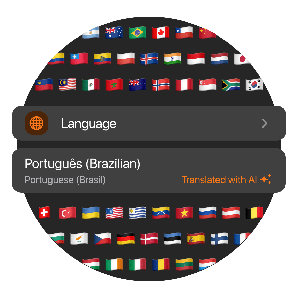 A circular interface displaying various country flags with a focus on selecting the Portuguese language option.