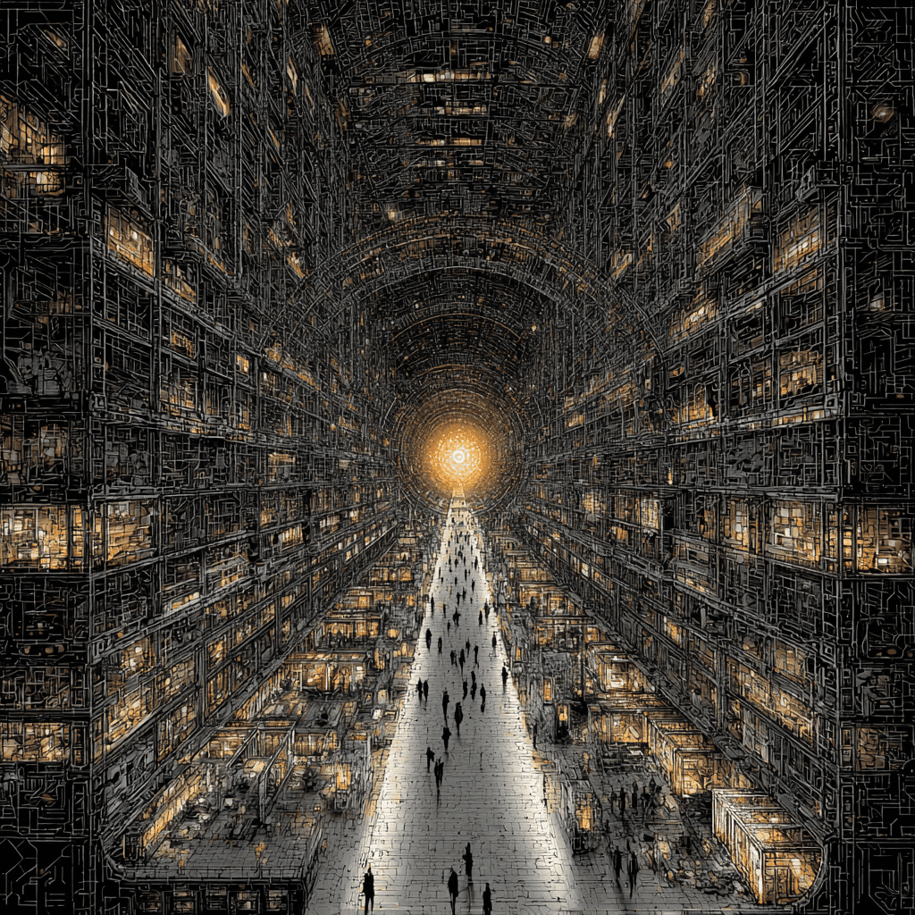 Vast futuristic Amazon B2B marketplace with towering warehouse aisles, illuminated storefronts, and silhouettes of business buyers moving toward a bright central hub