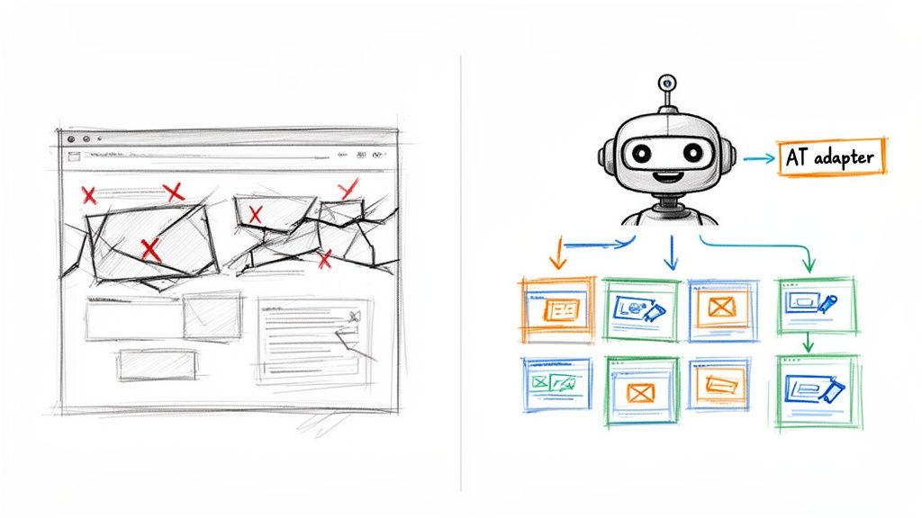 A diagram contrasting a broken web page with a robot using an AT adapter for organized web scraping.