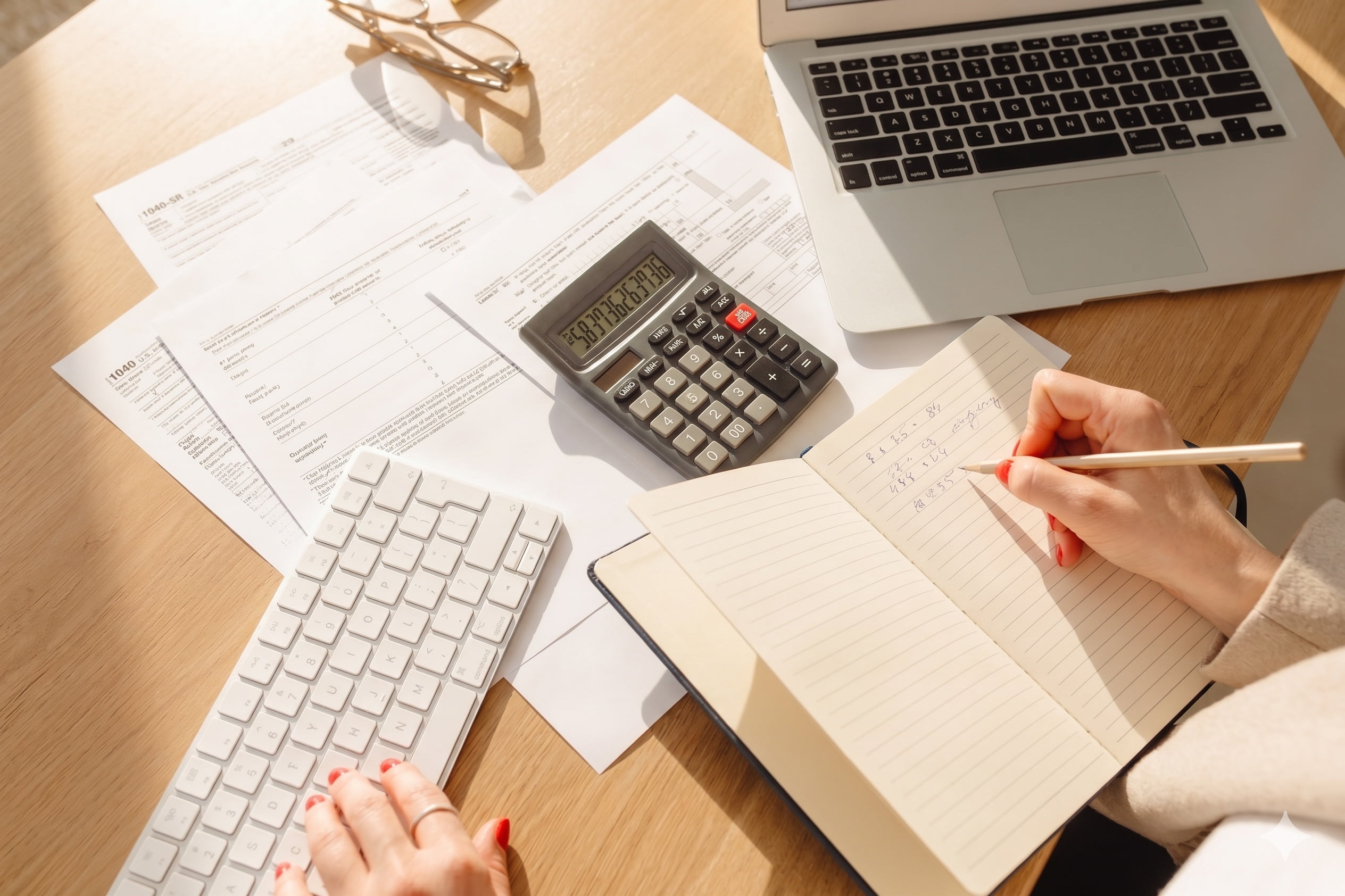 Bureau avec calculatrice, factures et ordinateur portable pour le suivi commercial et financier des indépendants