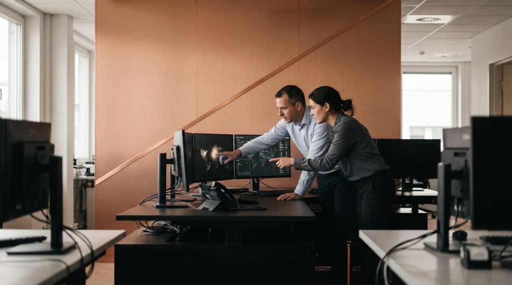 Two analysts comparing figures on two monitors