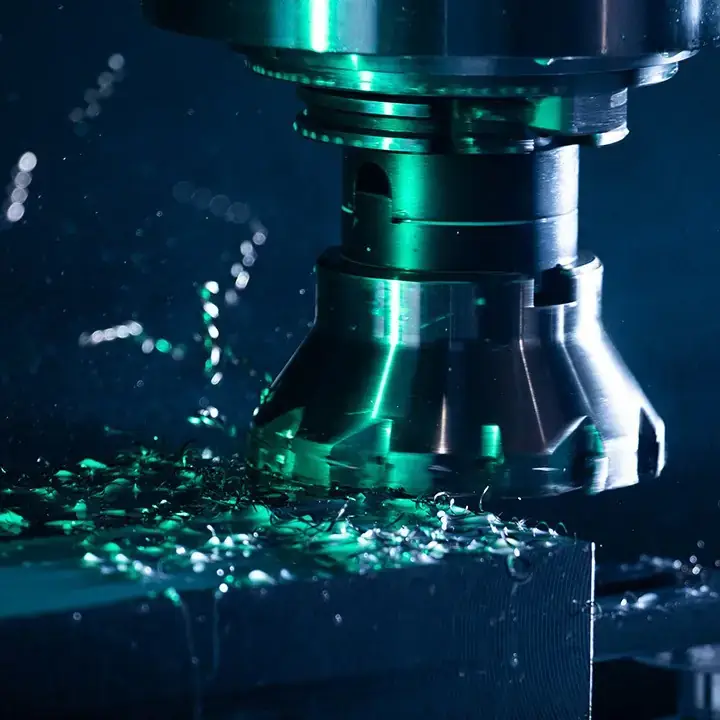 Obróbka metalu na obrabiarce CNC. Frez skrawający usuwa wióry, obróbka precyzyjna detalu.