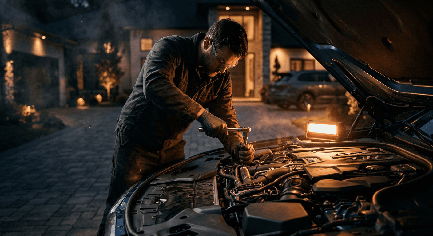 A cinematic shot of a professional mobile mechanic working on a modern car at night