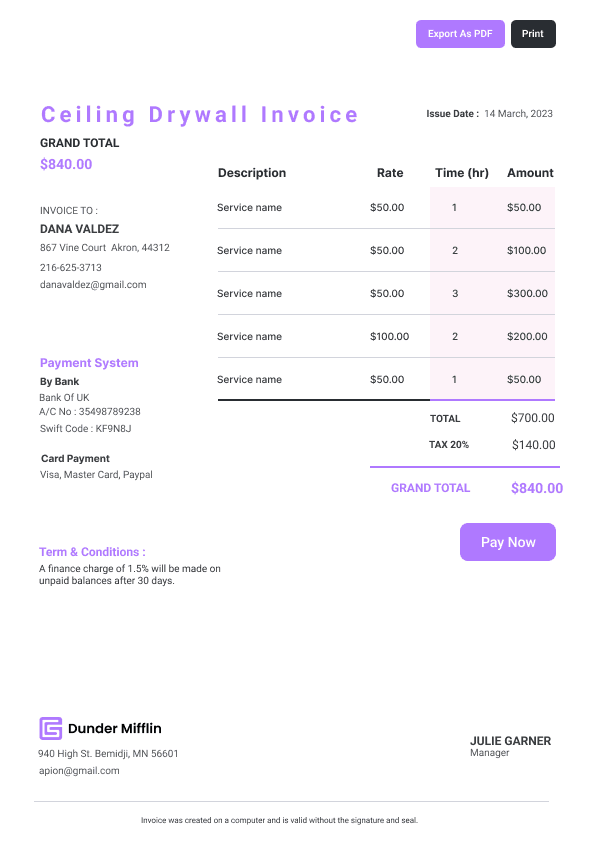 Ceiling Drywall Invoice