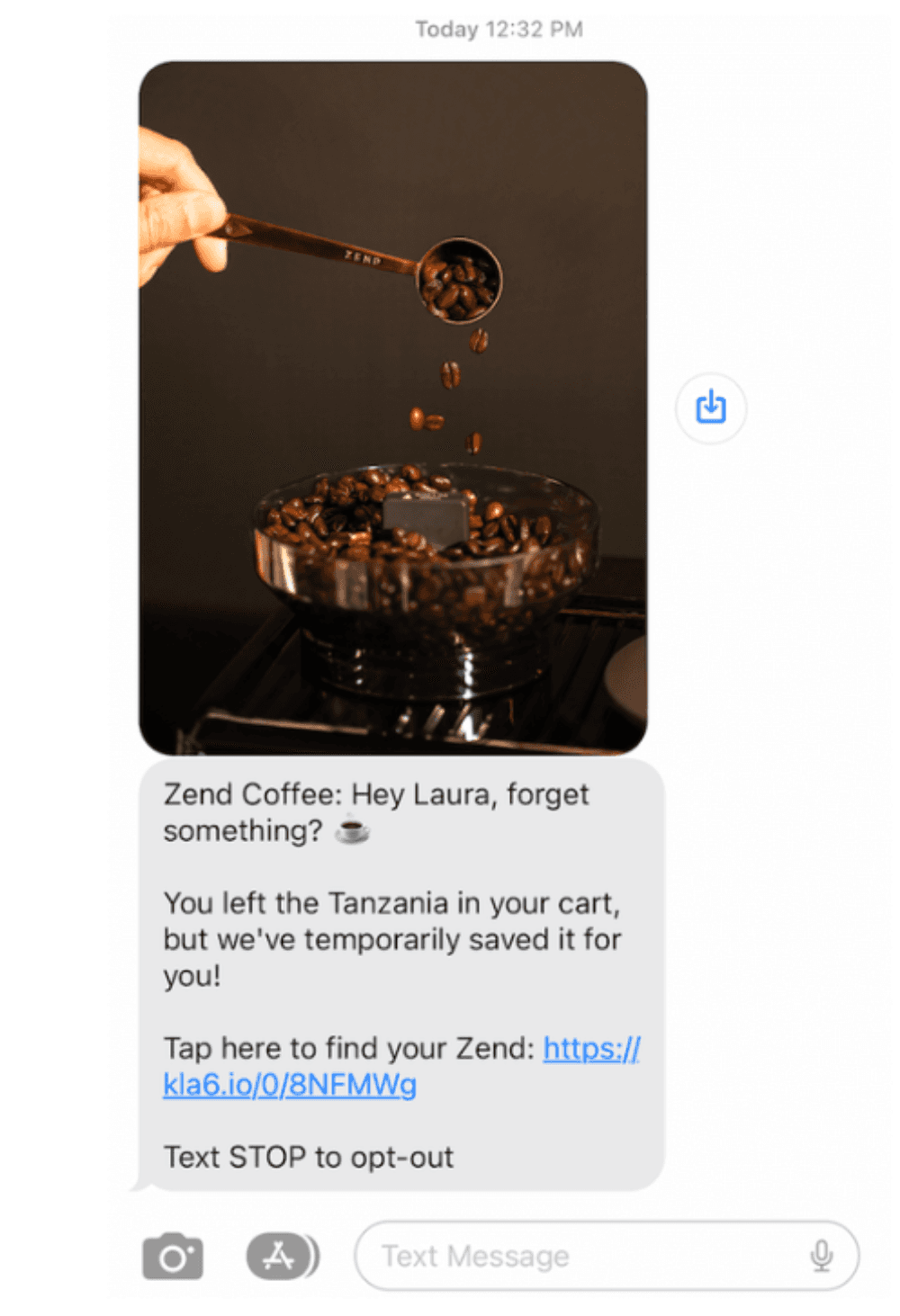 Zend Coffee SMS.png: SMS from Zend Coffee reminding of an abandoned cart with a product image and checkout link.