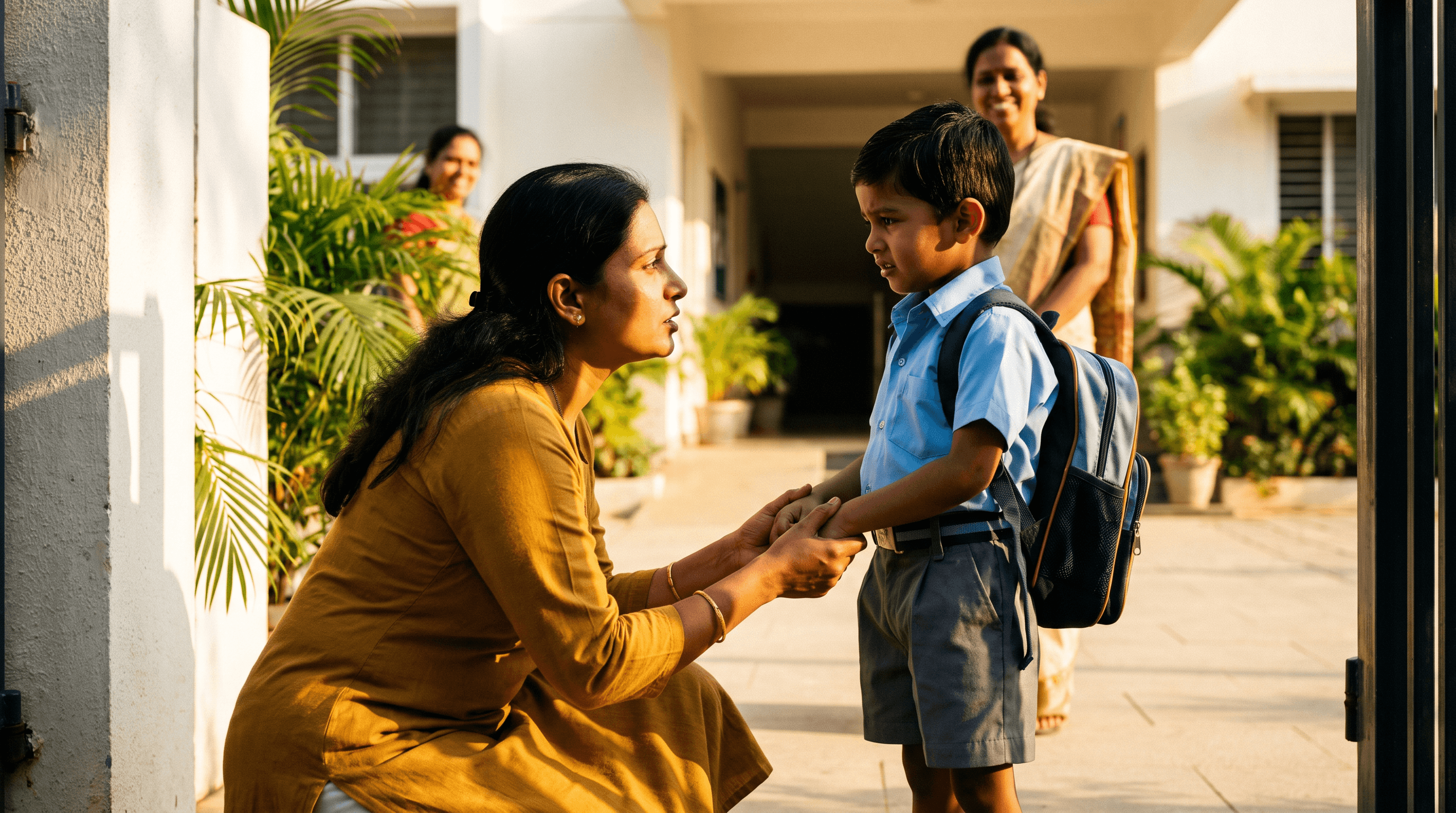 A mother saying goodbye at eye level to her pre-primary child at the school gate