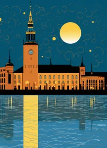 Stylized image of Stockholm City Hall under a night sky with a full moon reflected in the water, symbolizing Story Inventory's ability to narrate your product's story in Swedish, connecting with audiences in their language.