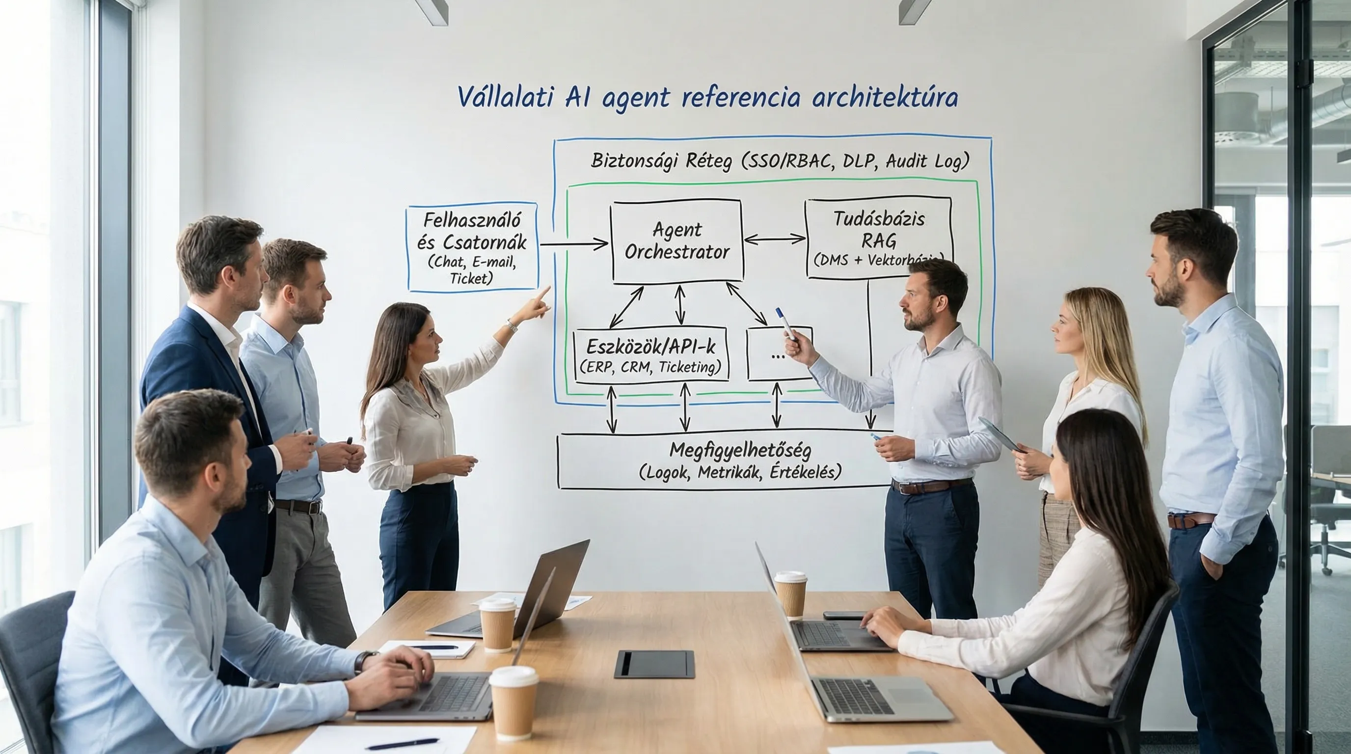Vállalati AI agent referencia architektúra: felhasználó és csatornák (chat, e-mail, ticket), agent orchestrator, eszközök/API-k (ERP, CRM, ticketing), tudásbázis RAG (DMS + vektorbázis), biztonsági réteg (SSO/RBAC, DLP, audit log), és megfigyelhetősé...